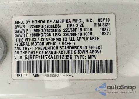 2010 Honda Accord Crosstour Exl z USA, uszkodzony, nr VIN 5J6TF1H5XAL012359